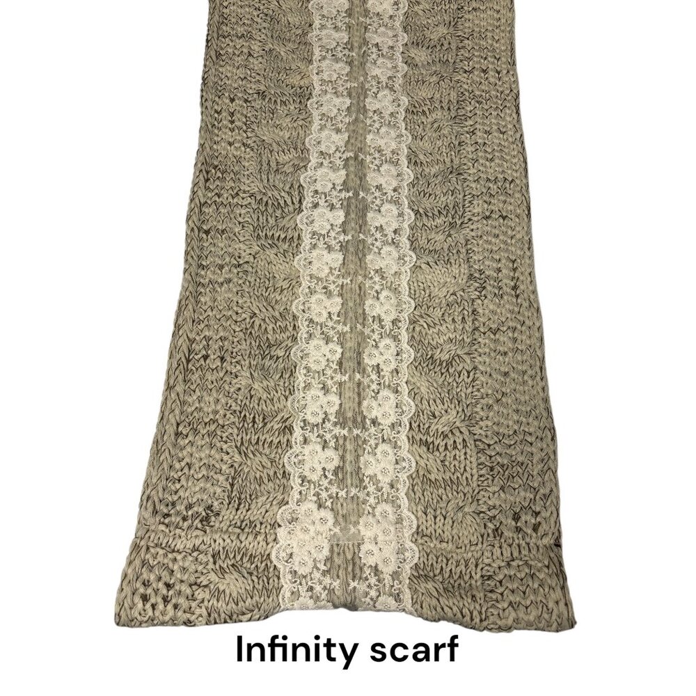 Knitted Infinity Scarf With Lace Trim For Women 100% Acrylic & Polyester Beige